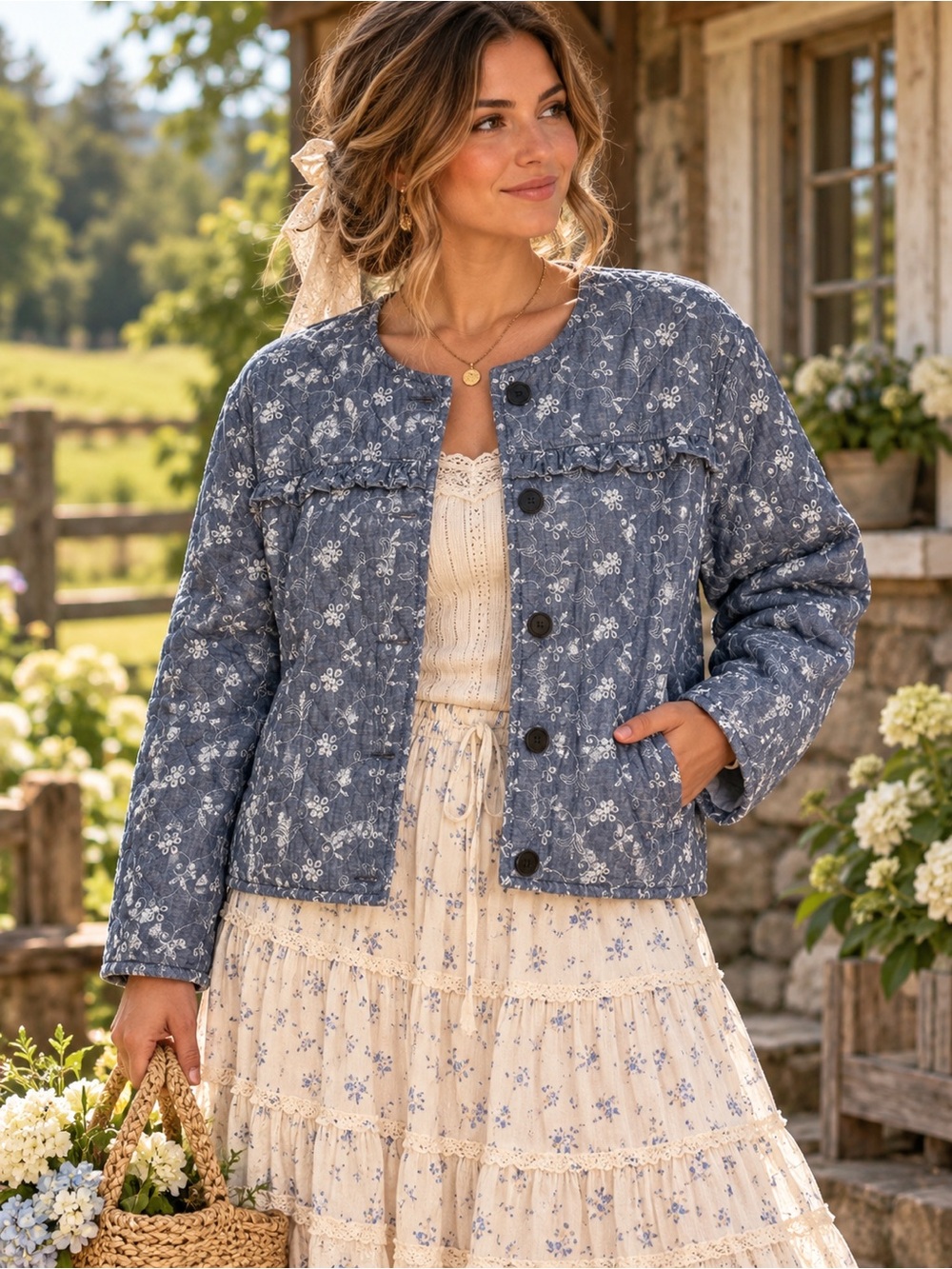 Scoop Medium 8/10 Women's Blue Embroidered Jacket Denim Look Cottagecore